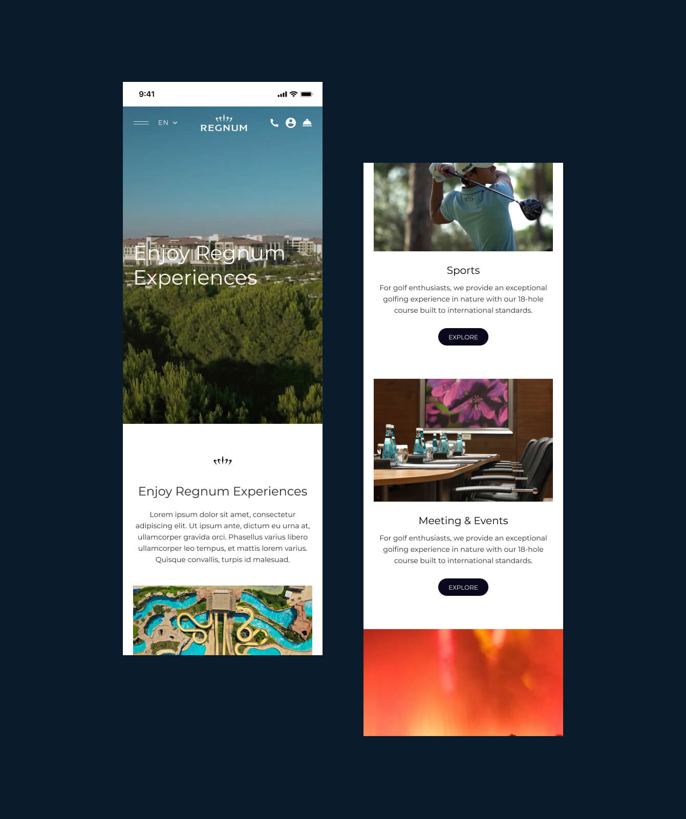 Regnum mobile UI showing resort experiences, golf, and meeting sections.