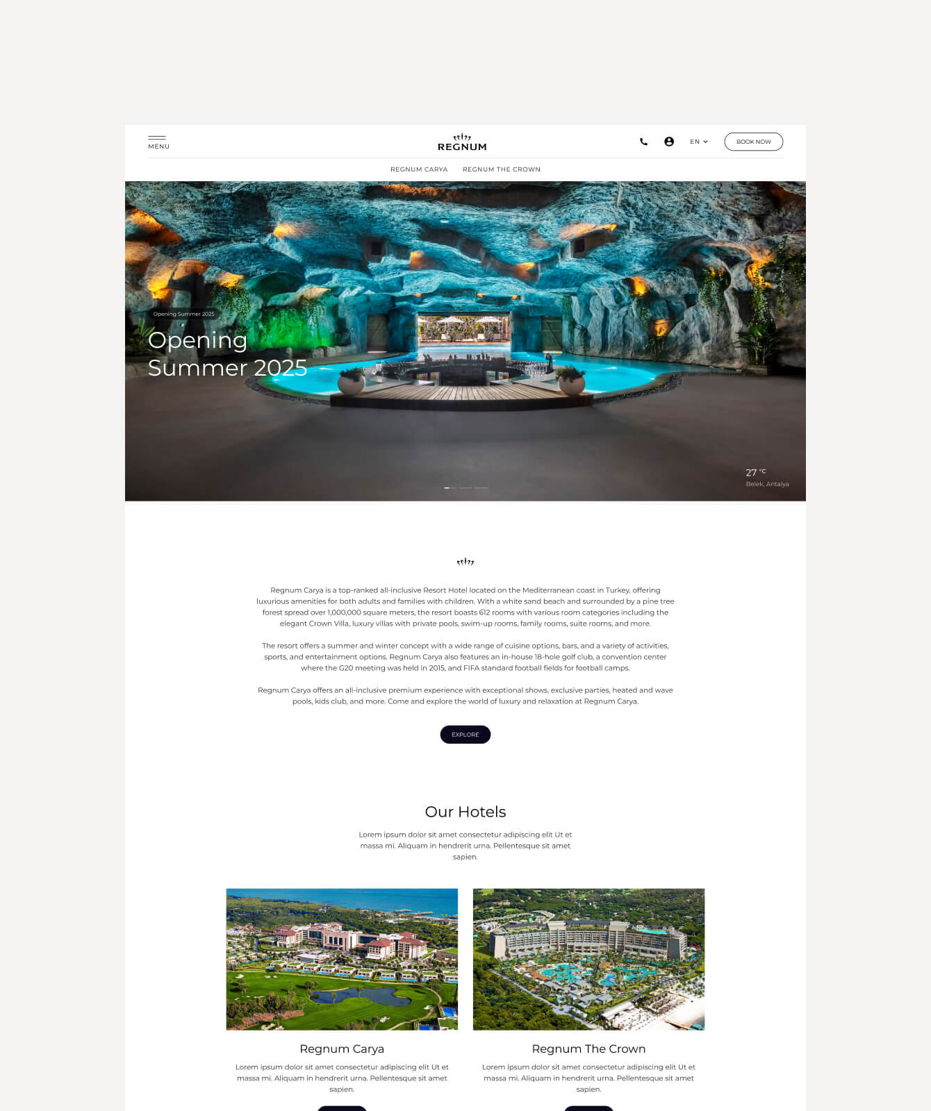 Regnum hotels homepage with cave pool banner and aerial resort property cards.